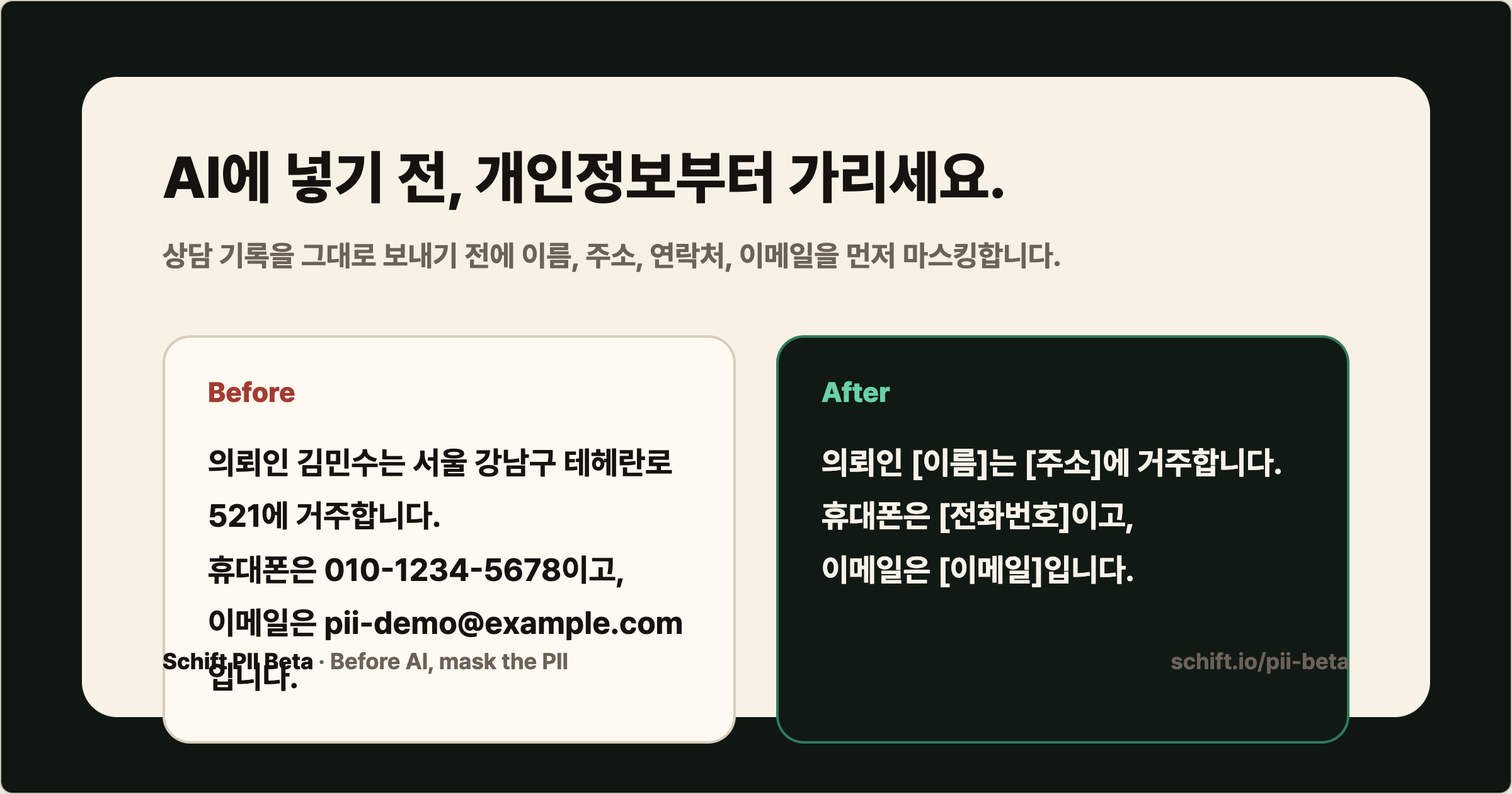 AI에 넣기 전 개인정보 마스킹 Before After